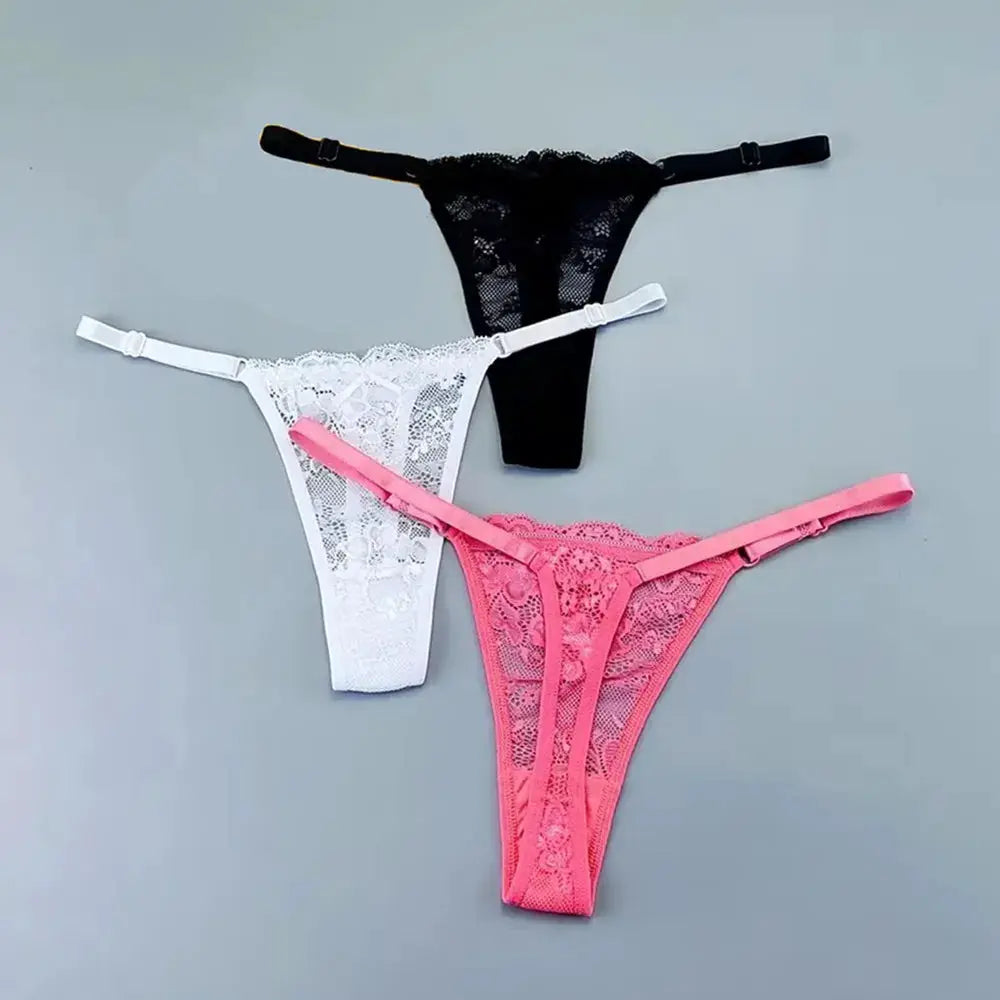 3-piece lace thong underwear set with adjustable sides in black, white, and pink