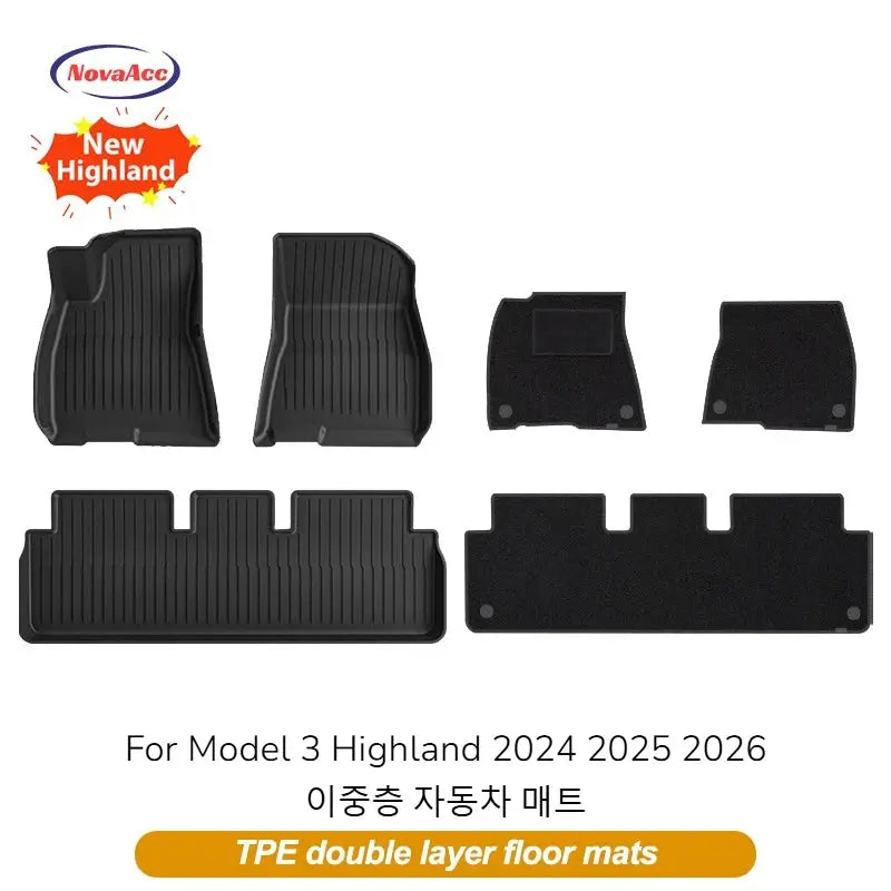 NovaAcc six-piece all-weather floor mats set for Tesla Model 3 Highland 2024–2026, black TPE cargo liners