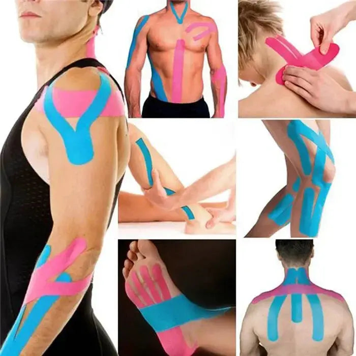 Simples Market kinesiology tape athletic bands, 2.5/5 cm, 5 m, pink and blue, shown on shoulder, arm, back.