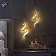 Lustre Led Pendant Lights, pair of gold spiral LED hanging lamps by Simples Market in warm white.