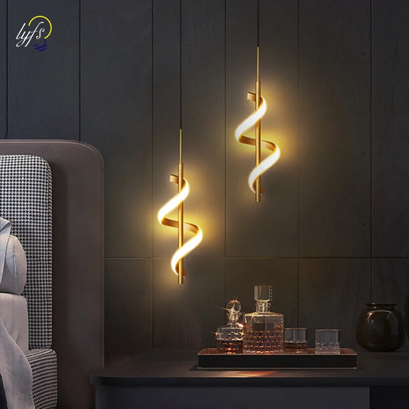 Lustre Led Pendant Lights, pair of gold spiral LED hanging lamps by Simples Market in warm white.