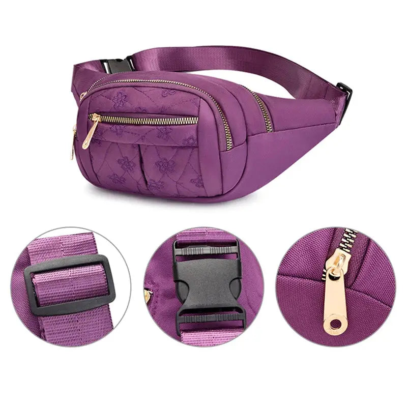 Simples Market women's waist bag, purple Oxford cloth waterproof belt bag with gold zippers, adjustable strap