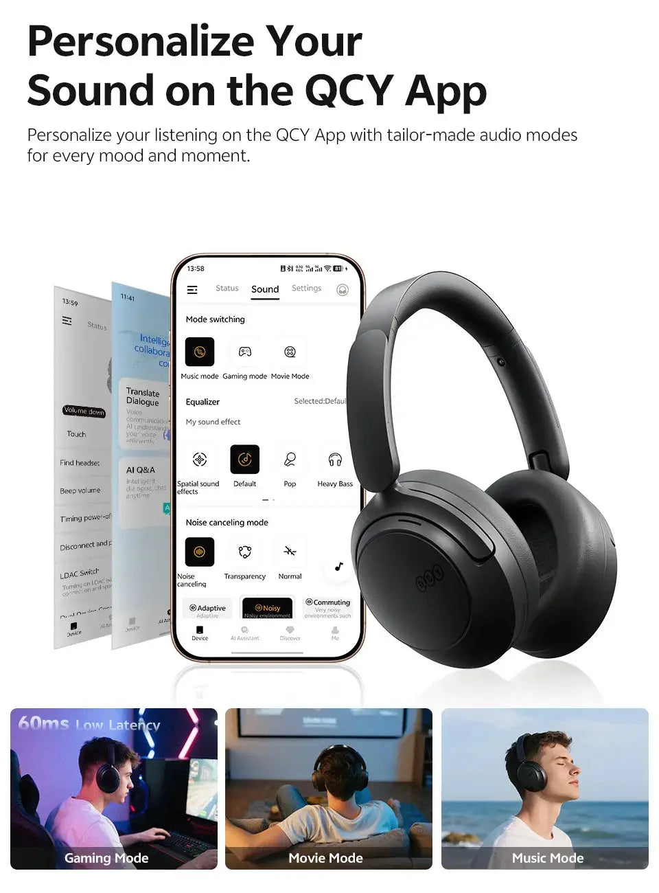 QCY H3S wireless over-ear headphones by Simples Market, black; three mode options (Gaming, Movie, Music) shown with app UI.