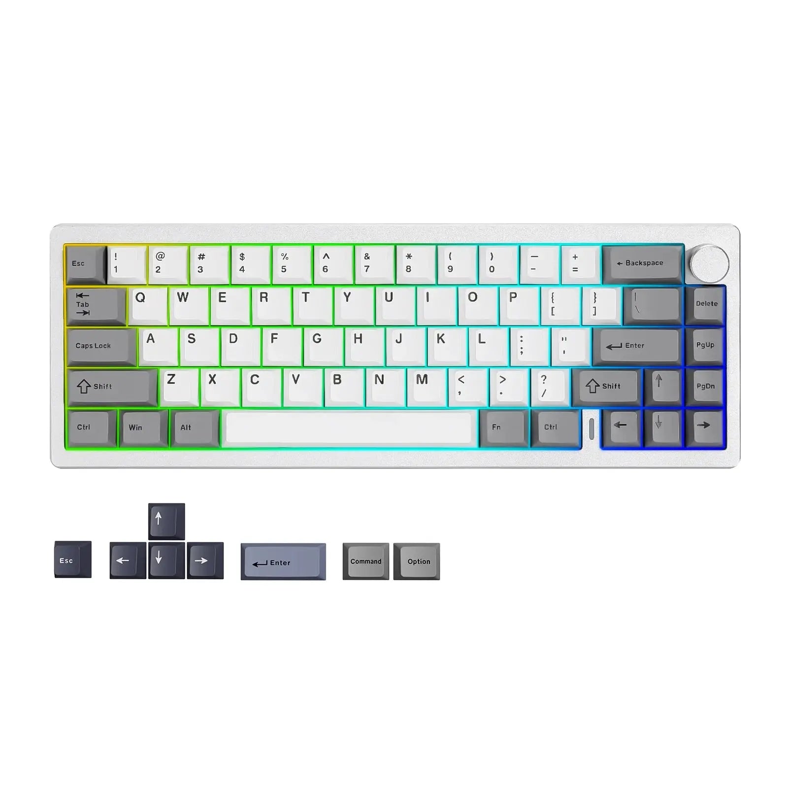 YUNZII AL68 silver wireless mechanical keyboard by Simples Market, aluminum chassis with RGB lighting and a right-side knob.