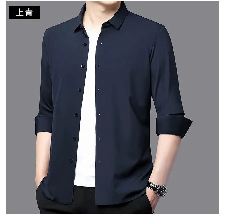 Premium Men’s Ultra-Stretch Navy shirt with rolled cuffs; silky, business-formal long-sleeve