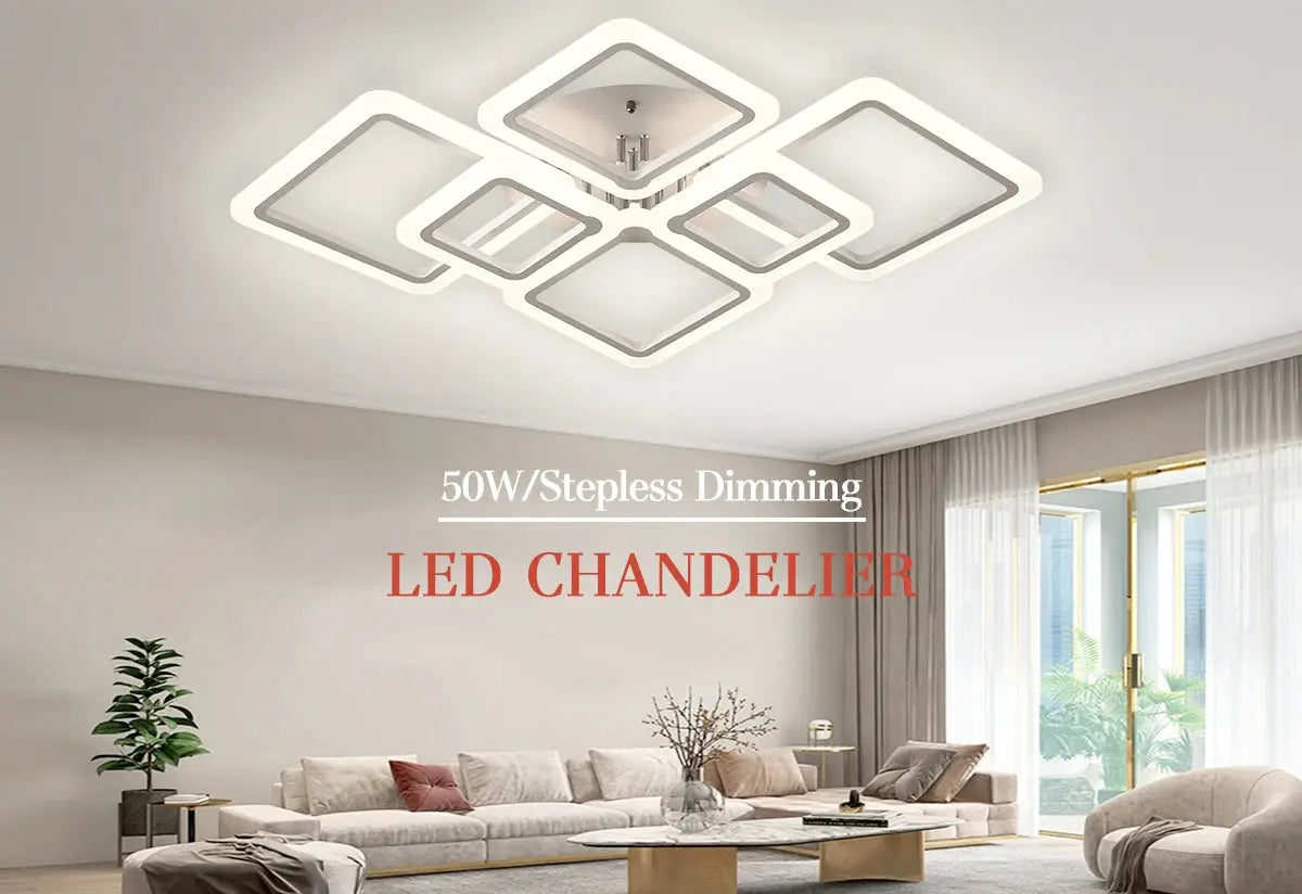 LED chandelier with square acrylic frames, ceiling-mount lighting for modern living room and dining area