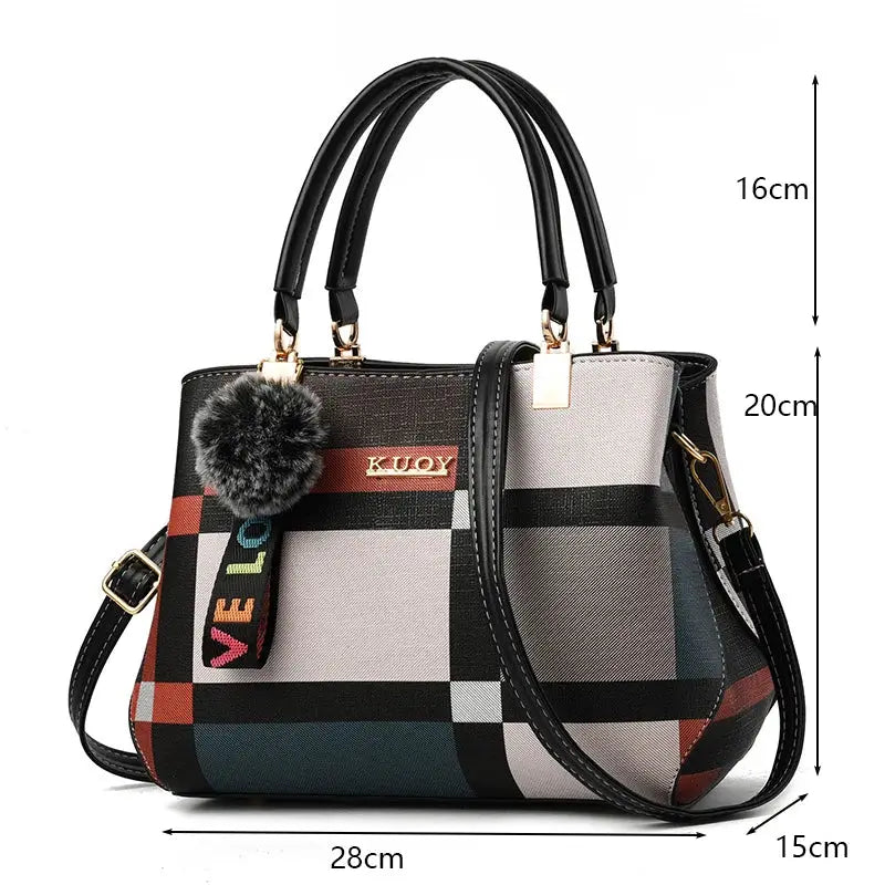Simples Market PU leather crossbody bag with plaid pattern, KUOY label, top handles and detachable strap