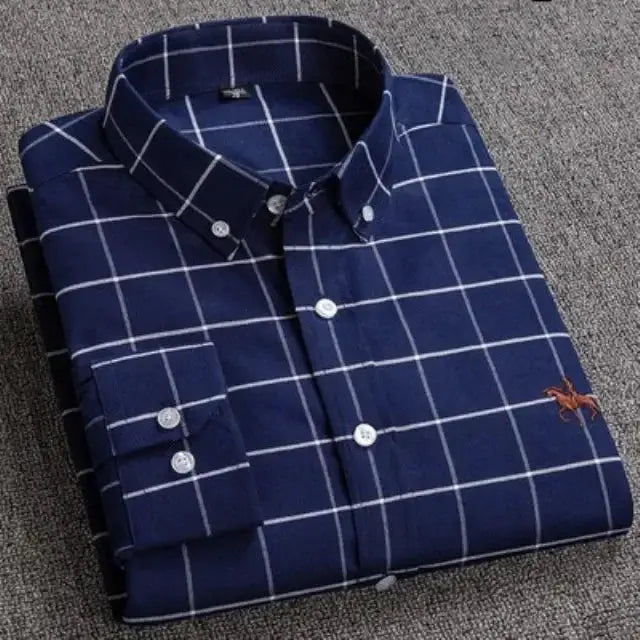 Casual navy blue cotton Oxford shirt with white grid check, long sleeves, horse embroidery
