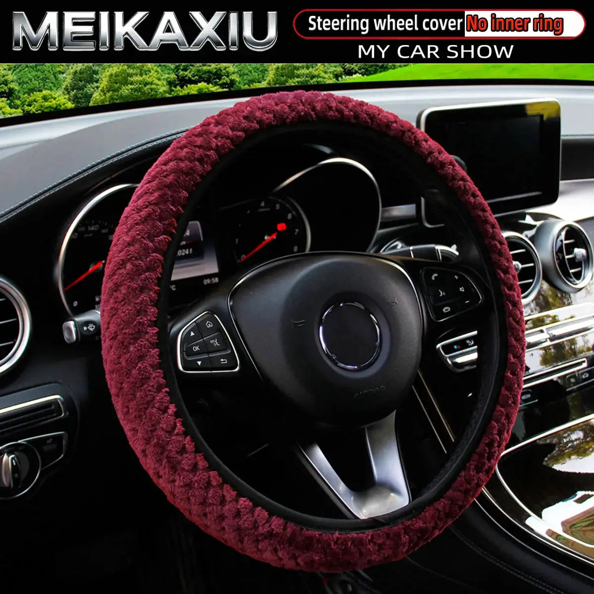 Steering wheel cover by Simples Market, plush burgundy short-fur, elastic car accessory