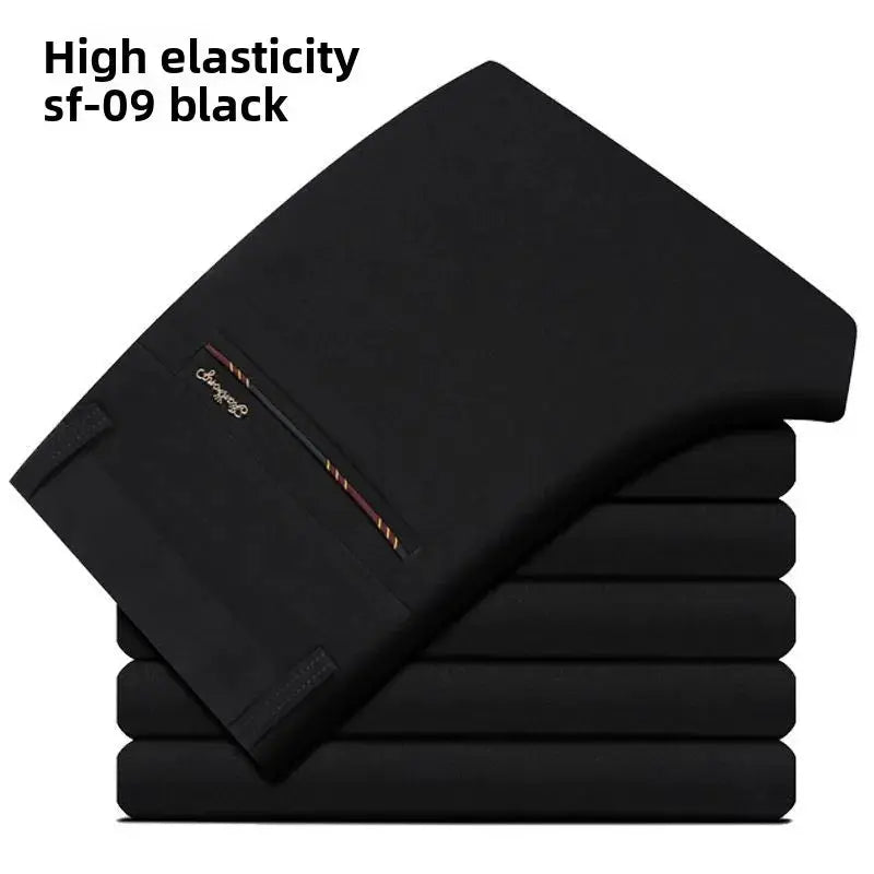 Men's elastic waist dress pants, wrinkle-resistant, black, slim-fit office trousers