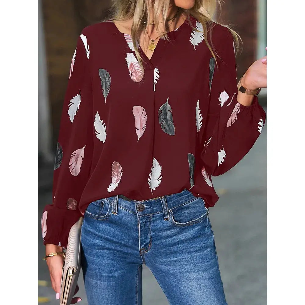 Women’s burgundy chiffon blouse with feather print, long-sleeve top for elegant casual wear