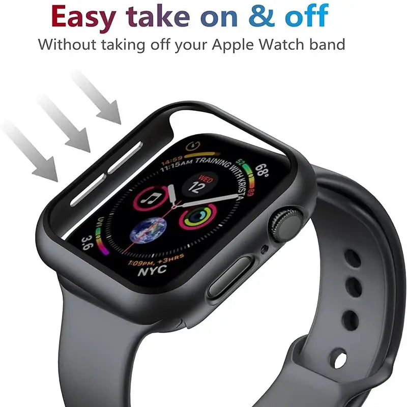 Simples Market Apple Watch protective glass case with screen protector for 40–46mm models, gray strap