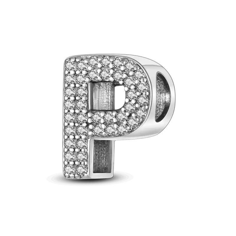 P letter charm pendant in silver-tone 925 sterling silver with clear CZ stones