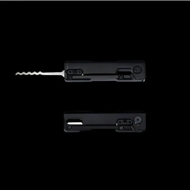 Grav Pick multi-tool in black stainless steel with quick-flip folding blade.