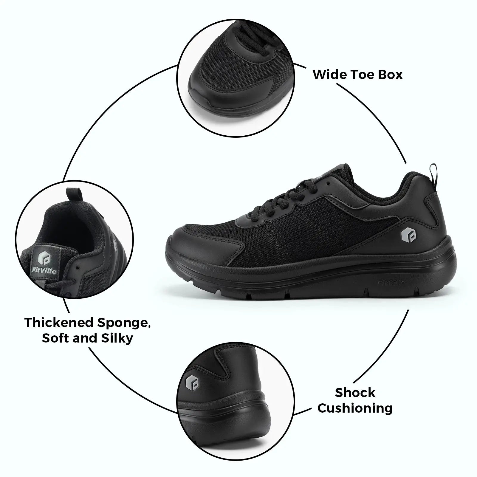 FitVille men's black mesh walking shoes, wide toe box, cushioned sole