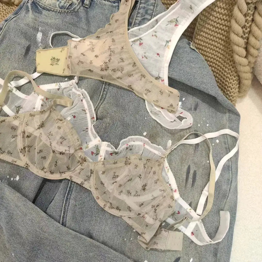 Floral Prints Women Lingerie Set Lace Bra Ultra Thin Bralette