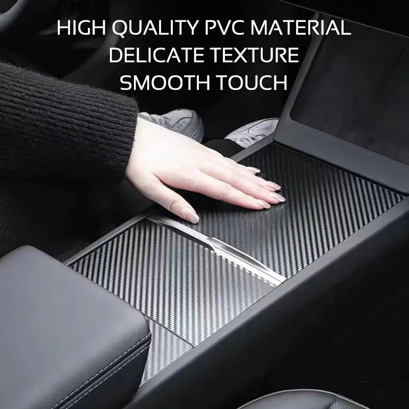 Center console protector sticker in carbon fiber PVC texture for Tesla Model 3 (2024–2026) by Simples Market