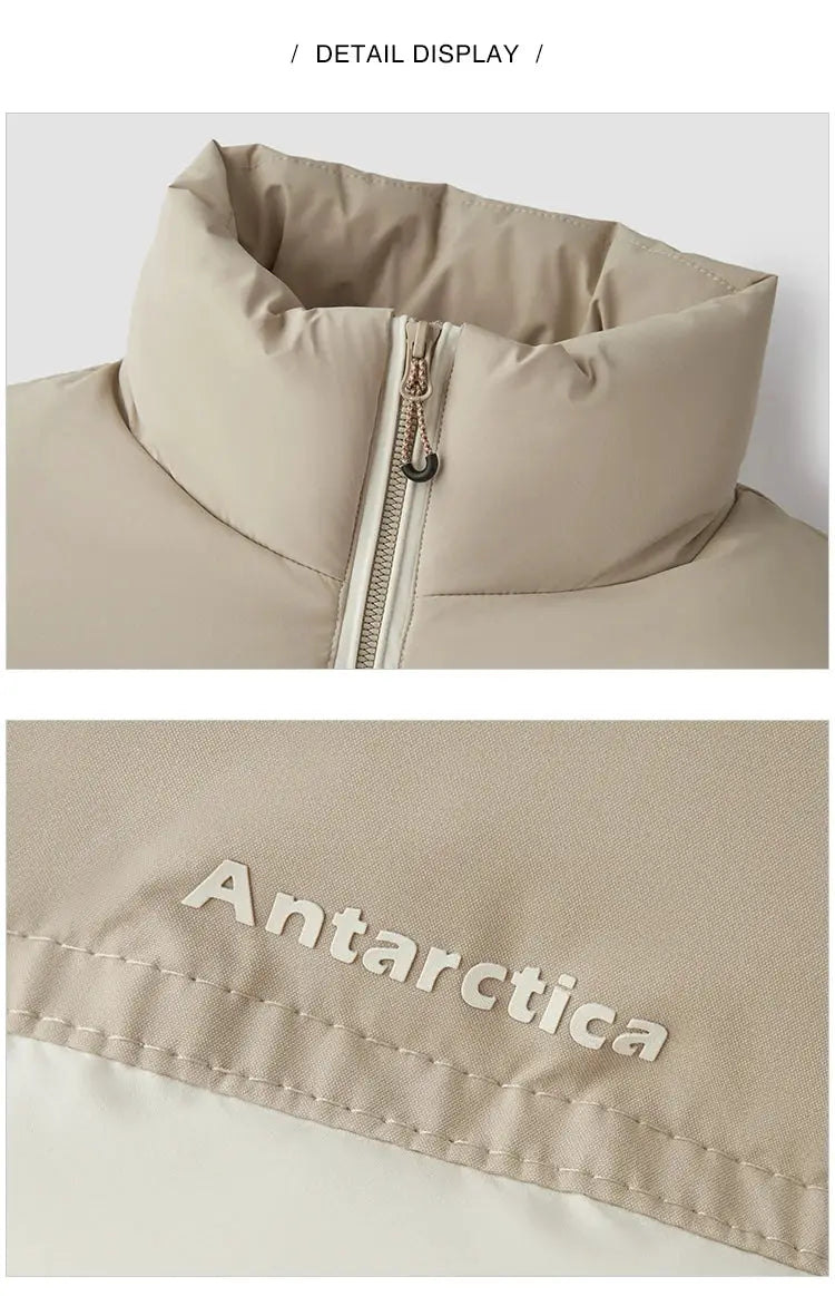 Semir down jacket beige; windproof, waterproof puffer with Antarctica logo, unisex outerwear.