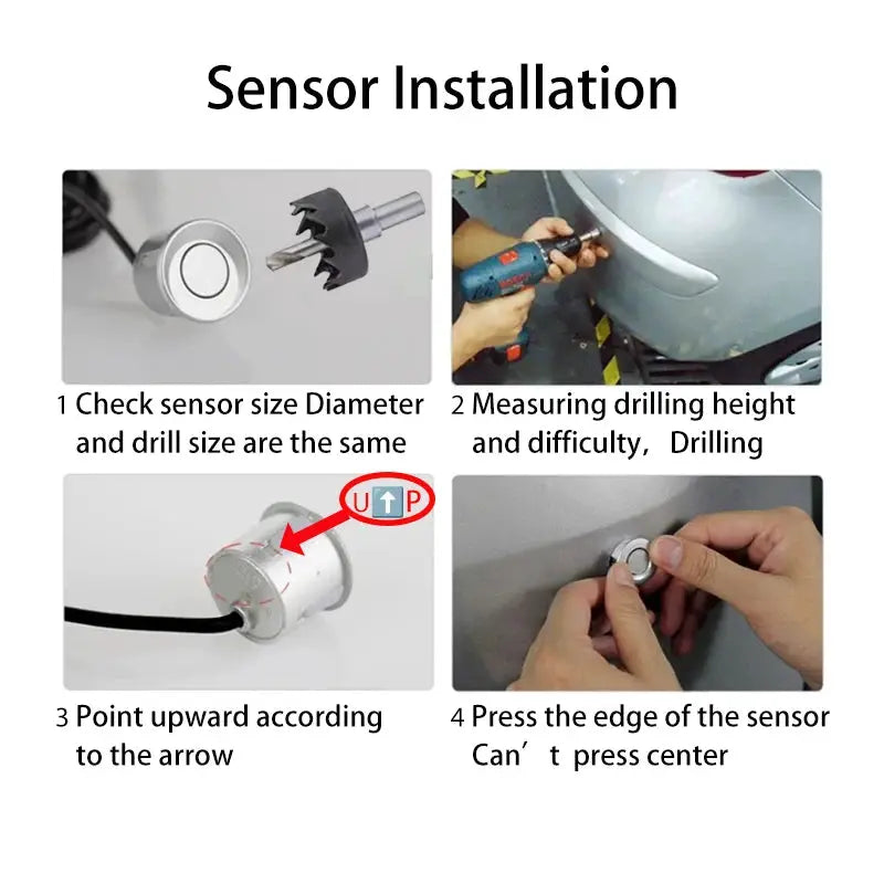 FirstSafe 4-sensor car reverse radar system installation guide showing sensor sizing, drilling, orientation, and mounting steps