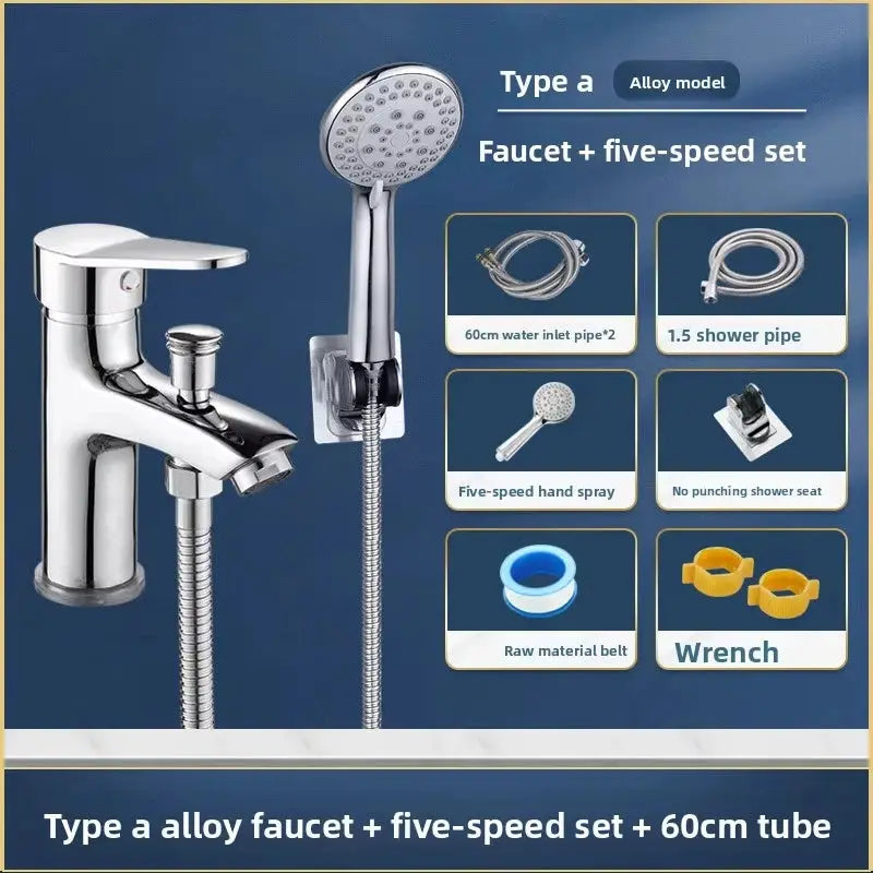 Simples Market chrome bathroom faucet set with handheld shower, hoses and accessories