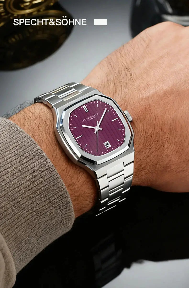 Specht&Söhne 37mm stainless steel automatic watch with purple dial, date window, sapphire crystal, 50m water resistant.