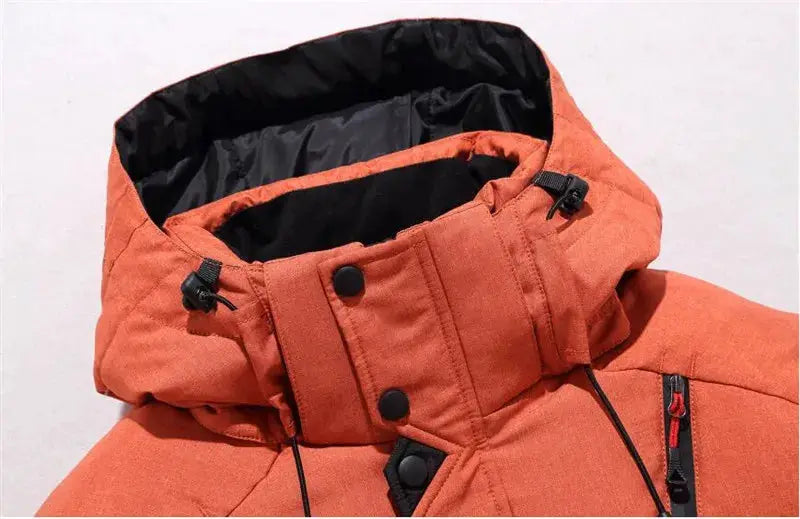 Men's orange hooded duck-down jacket with black lining, thick padded winter parka.