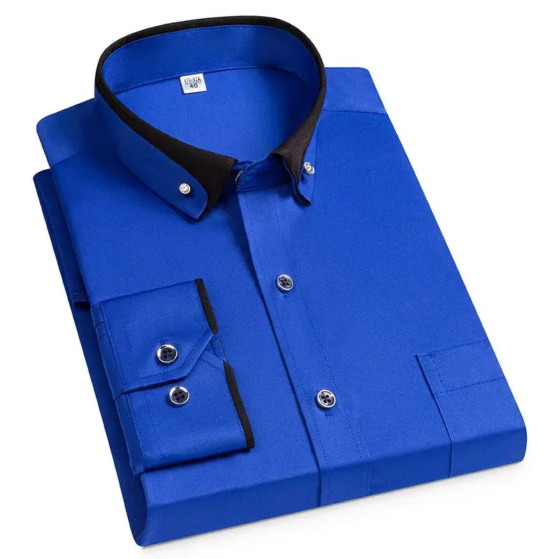 Men's blue dress shirt with black contrast collar and front pocket, button-down