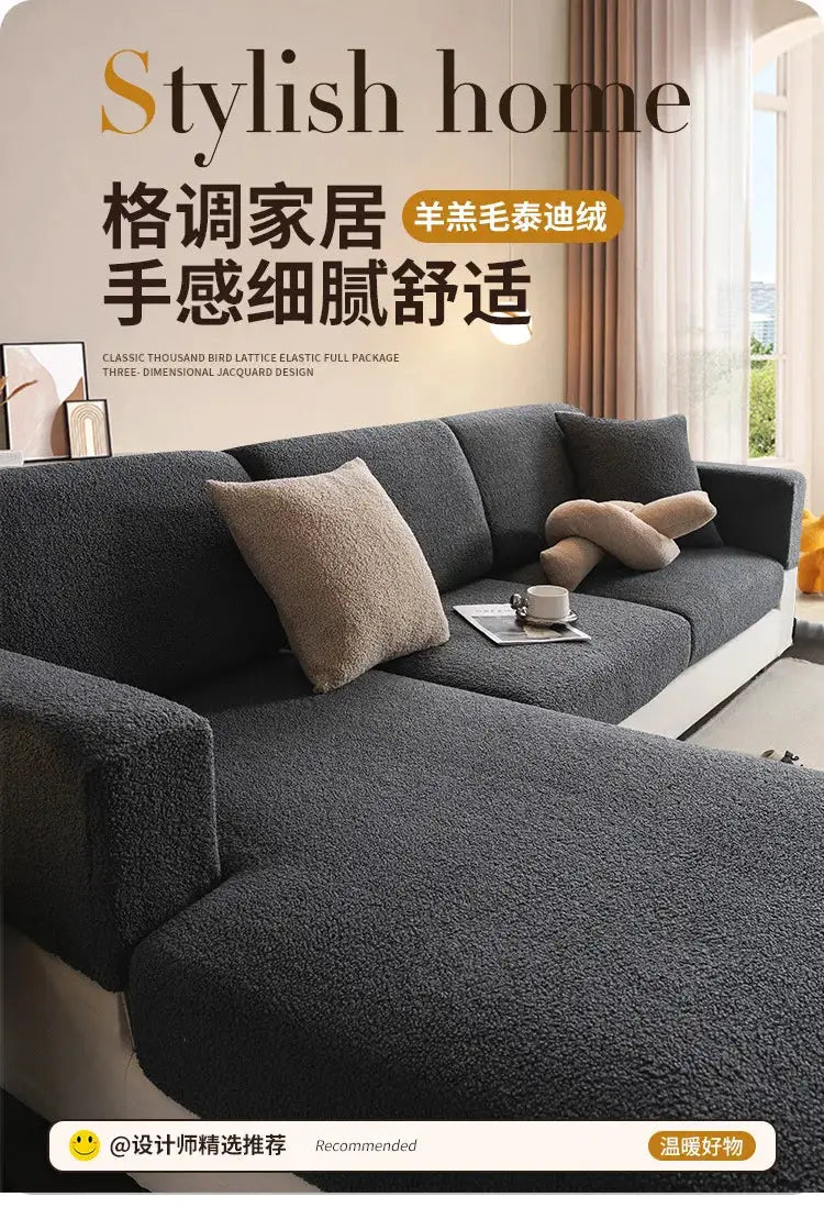 Simples Market 2026 Premium Winter Teddy Fleece Sofa Cover in charcoal gray with non-slip elastic seat protector