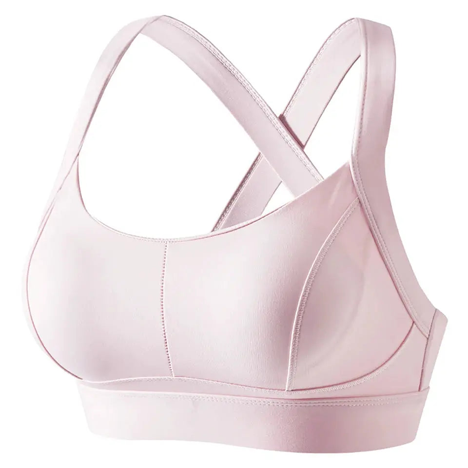 Women’s pink high-impact sports bra with criss-cross back, padded