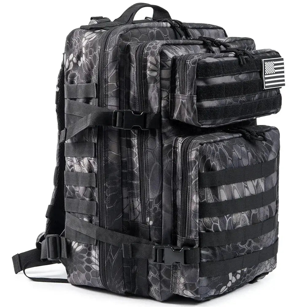 45L tactical backpack with gray camouflage, MOLLE webbing, and front pouches