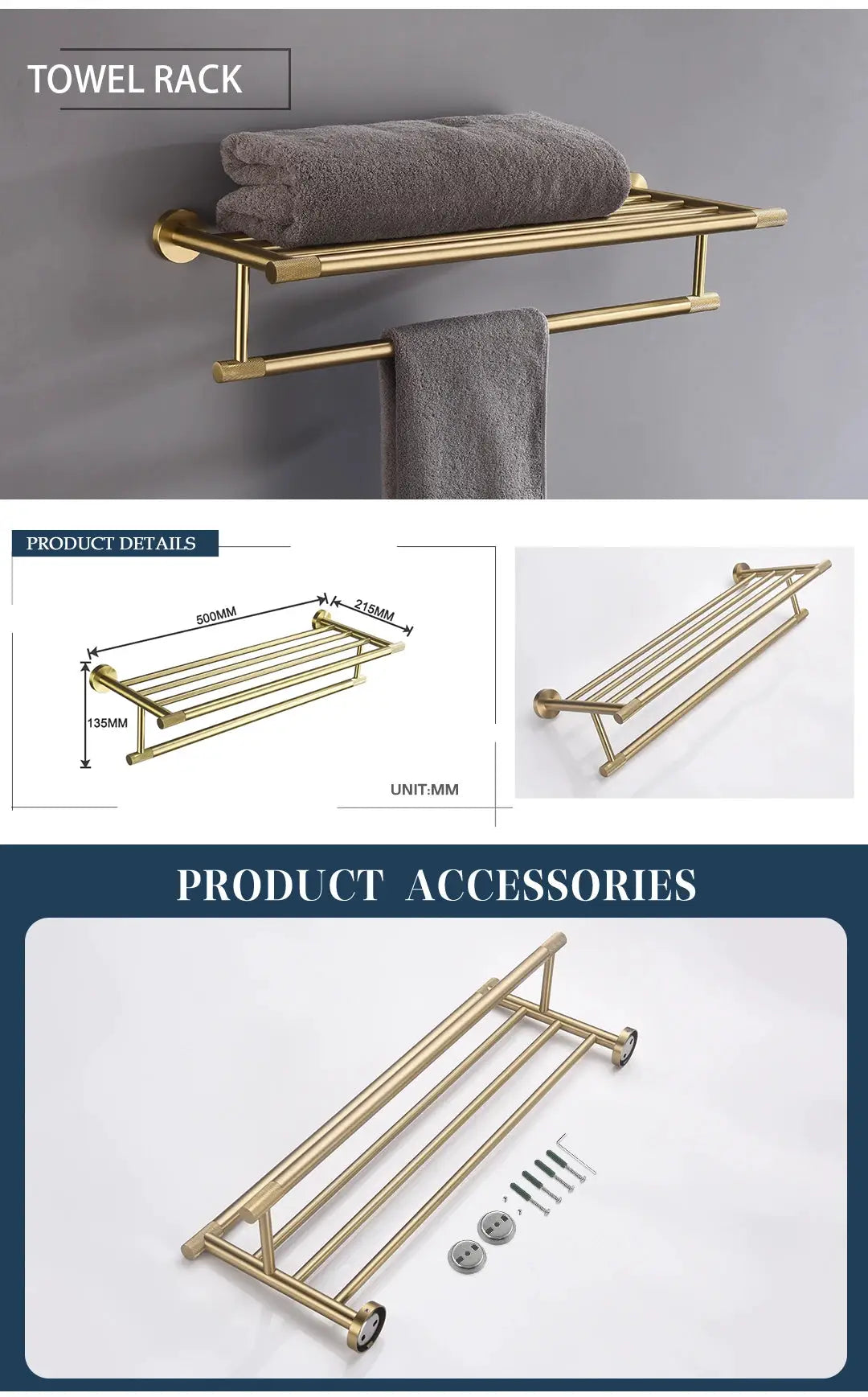 Simples Market brushed-gold knurled brass bathroom hardware set with towel rack and towel bar