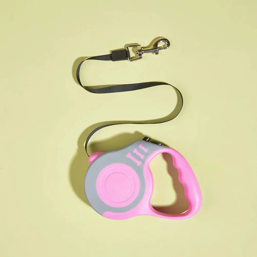 Retractable nylon dog leash by Simples Market, pink and gray, 3m/5m length for small to large dogs