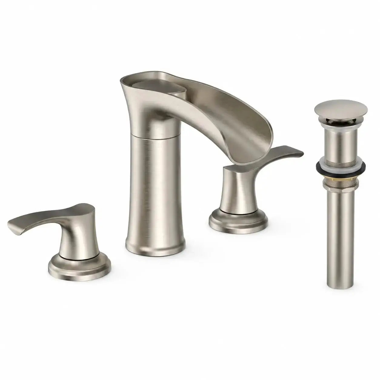 Simples Market brushed-nickel waterfall bathroom faucet set with 4-inch centerset, dual handles, deck mount.