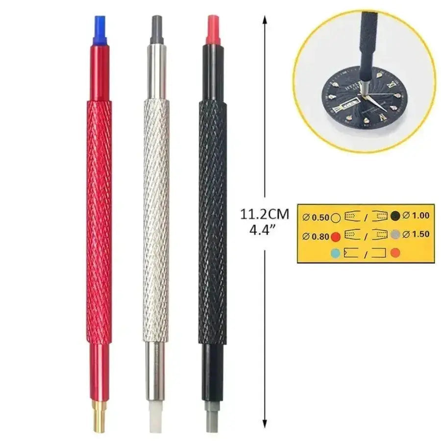 8pc watch repair tool set with red, silver and black knurled handles and assorted tips; three tools shown.