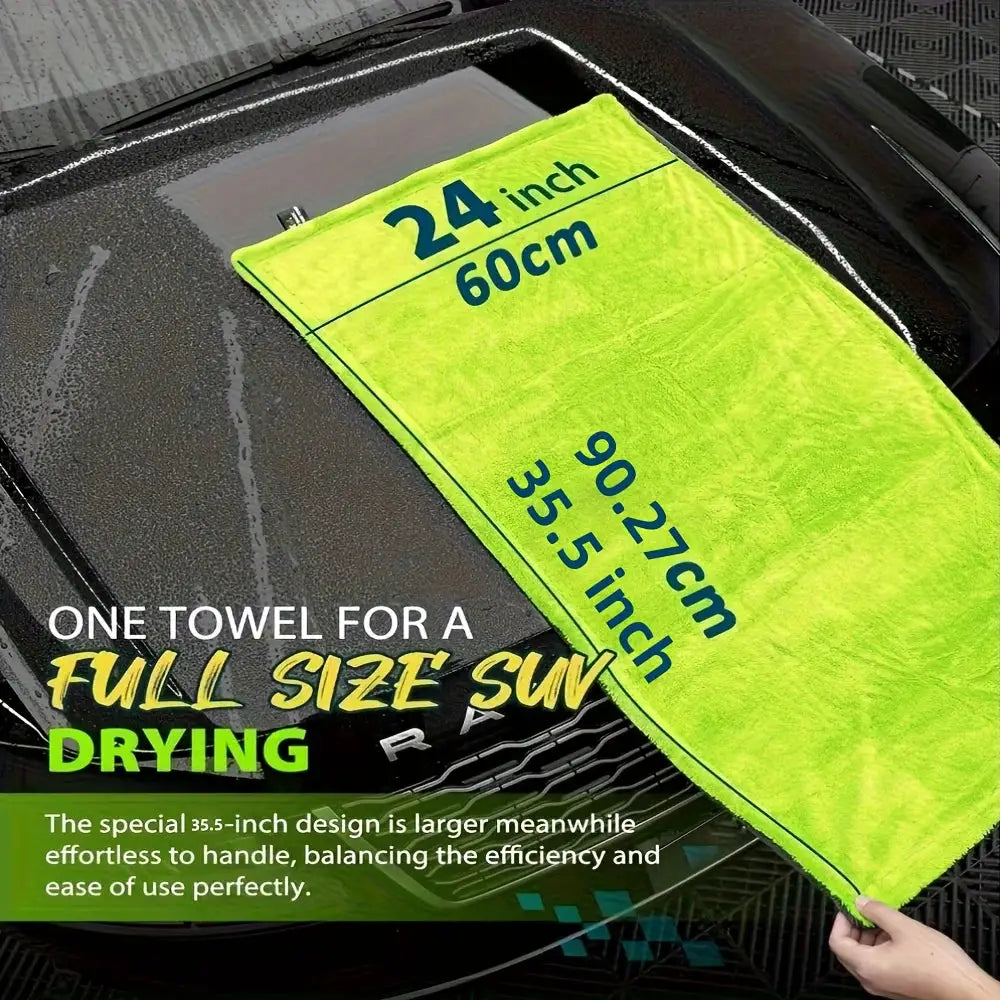 Car drying towel, bright green double-sided microfiber, 24in x 60cm for scratch-free car detailing