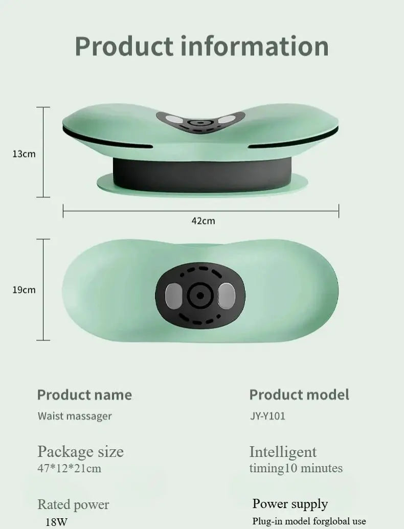 Simples Market mint green waist massager with air-lip stretch, low-frequency thermal vibration, left/right swing.