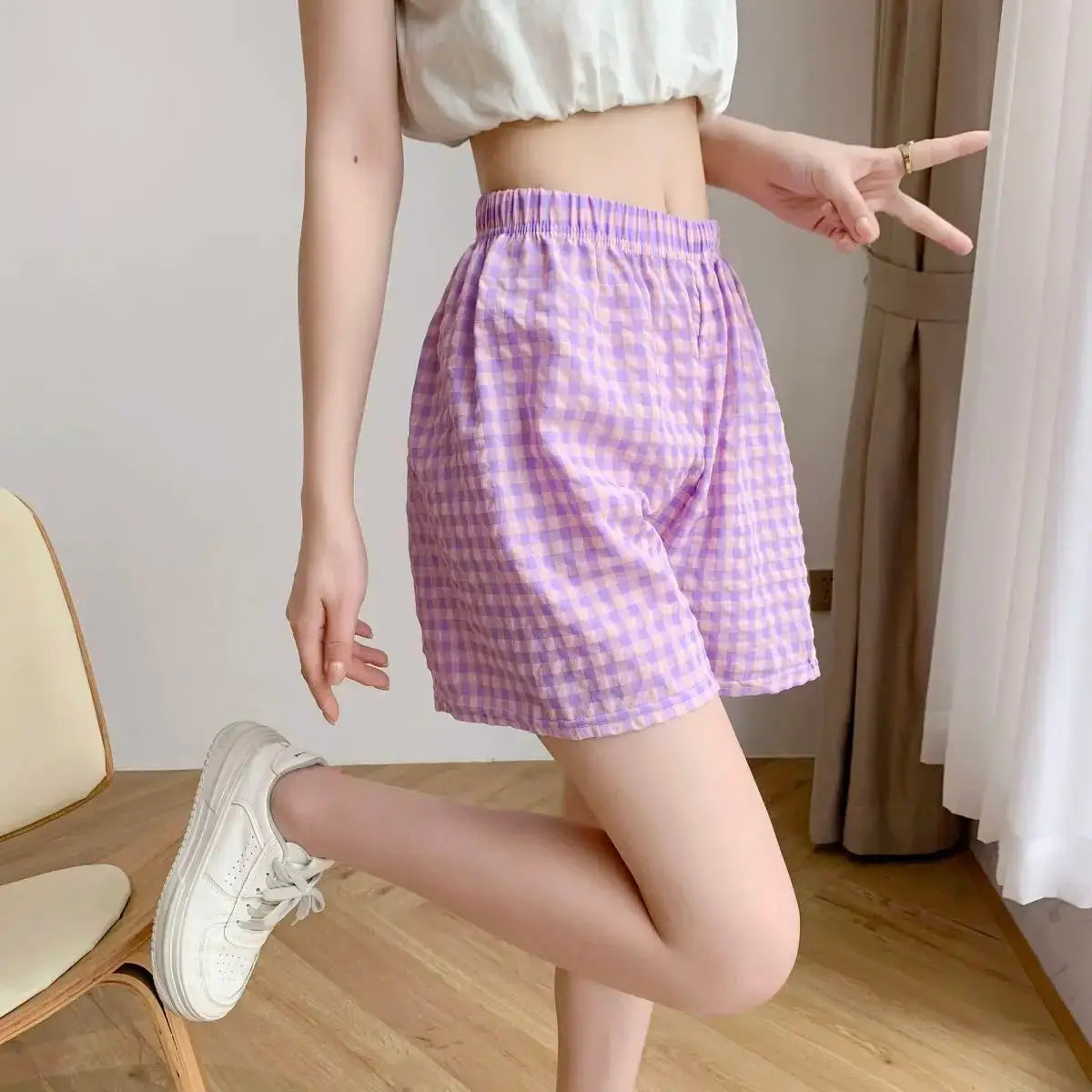 Summer Home Shorts by Simples Market, lavender plaid, high-waisted casual pajama shorts.