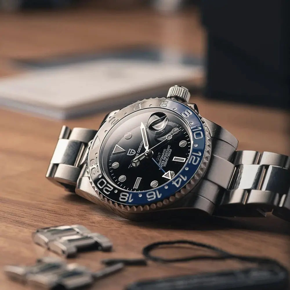 PAGANI DESIGN V3 GMT watch with stainless steel bracelet, blue bezel and black dial.
