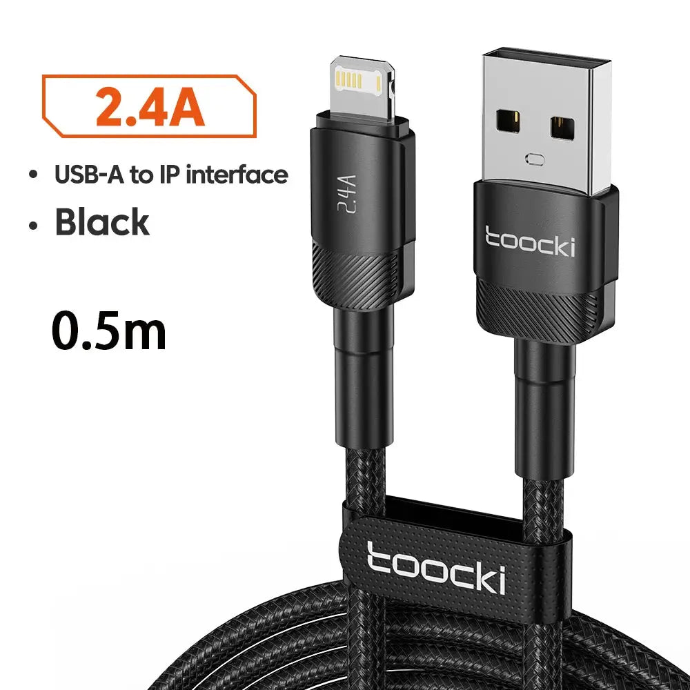 Toocki aluminum USB-A to Lightning cable, black braided, 0.5m, fast charging, Simples Market
