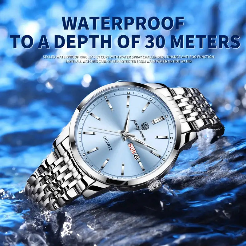 PAAZOMU luxury stainless steel men's watch with blue dial, waterproof 30m, luminous date window