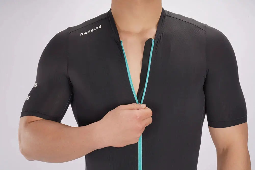 DAREVIE men's black short-sleeve cycling jersey with turquoise zipper, breathable quick-dry fabric