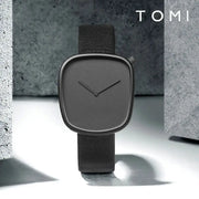 TOMI Watch, minimalist square quartz timepiece with black leather strap