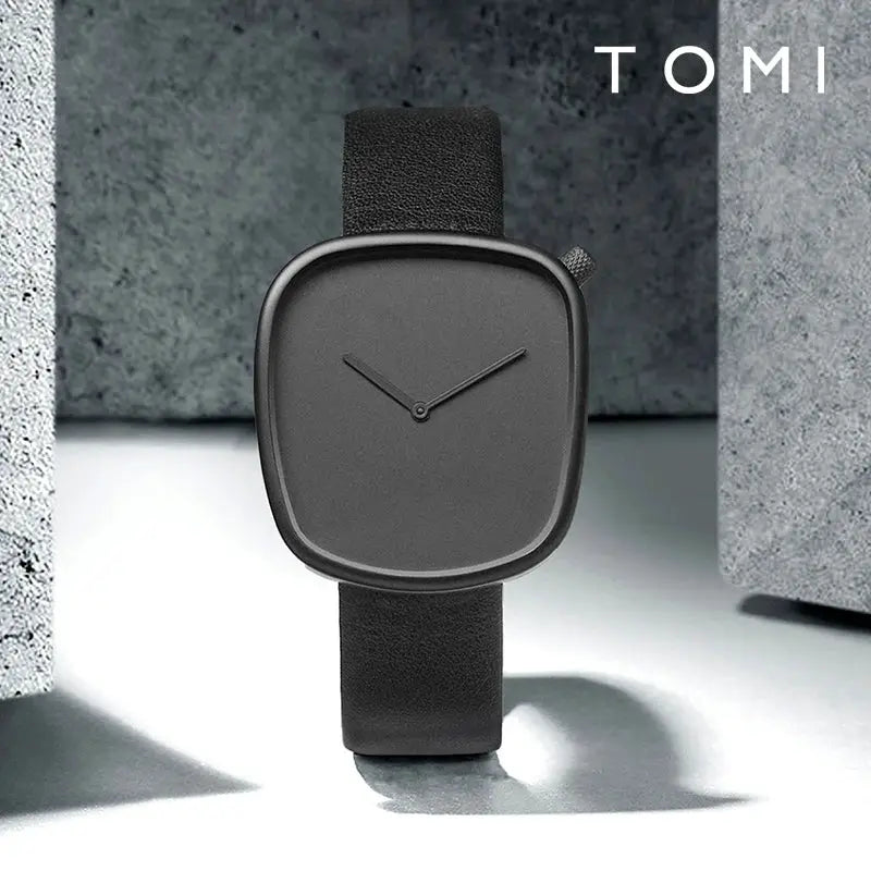 TOMI Watch, minimalist square quartz timepiece with black leather strap