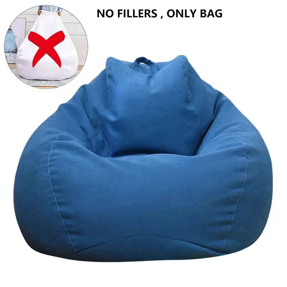 Blue linen bean bag cover for a large lounger chair, no filler included.