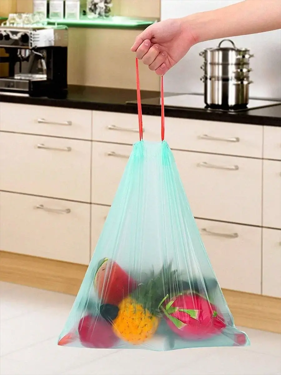 Trash bags by Simples Market, thick tear-off drawstring liners, teal with red handles, 15pcs/roll for home/kitchen