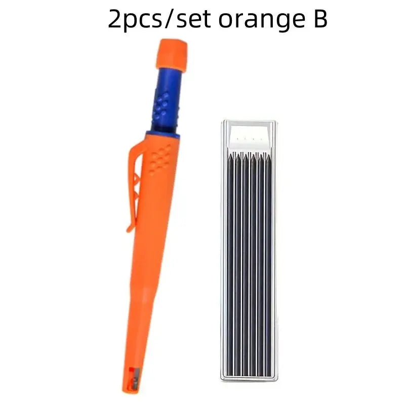Orange two-piece carpenter pencil set with metal sharpener; includes 2.8mm deep-hole pencil