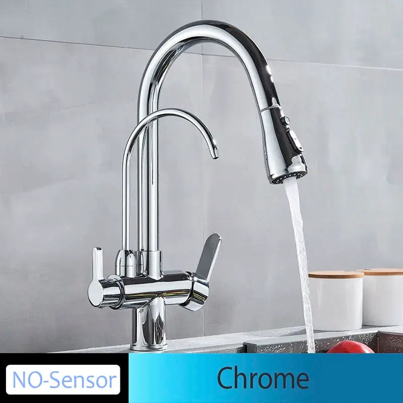 Simples Market chrome kitchen faucet, pull-out spray, NO-Sensor, dual handles, deck-mounted