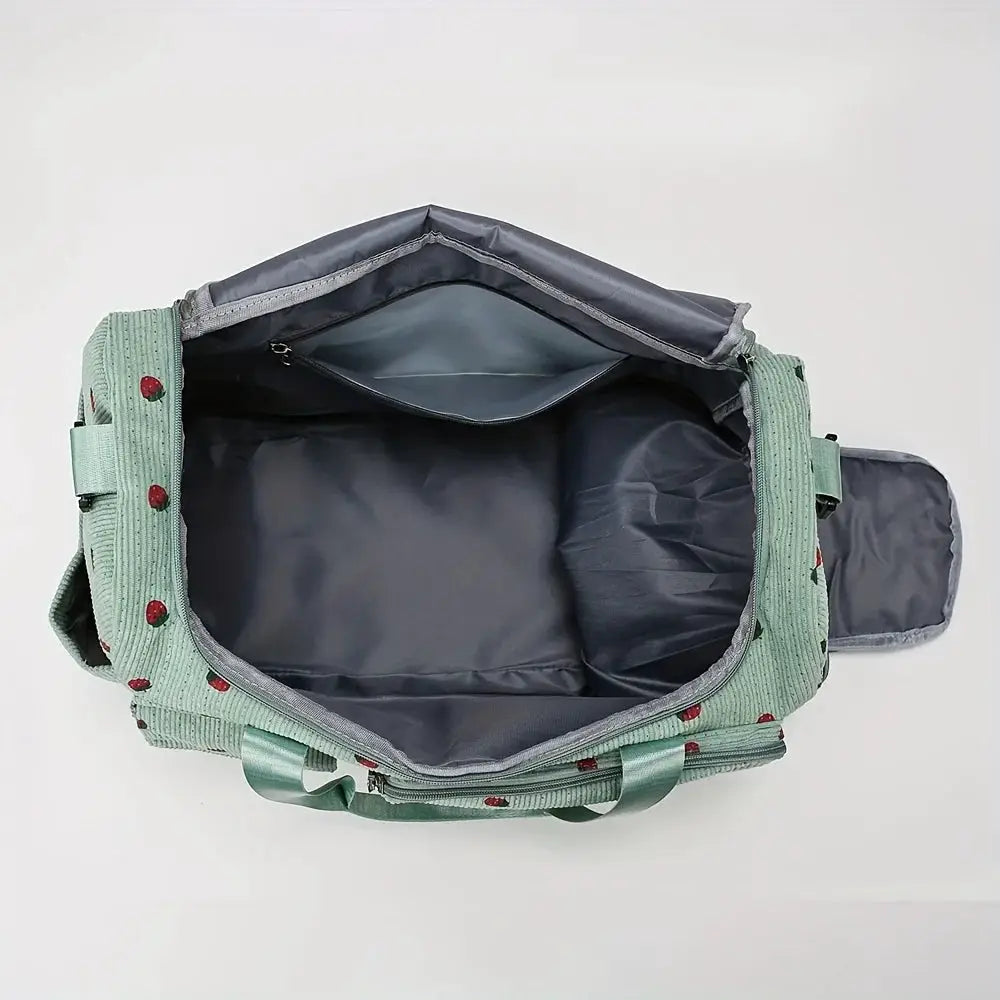 Strawberry travel bag, mint green corduroy luggage with large capacity and gray interior