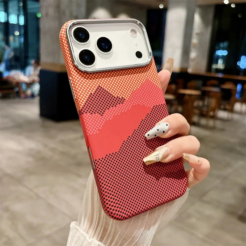 Luxury Kelvar carbon fiber phone case for iPhone 17 Pro Max; colorful geometric dot pattern, ultra-thin hard cover