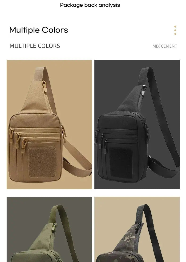 Tactical shoulder bag with pistol holster in 4 color variants tan, black, olive, camo for concealed carry.